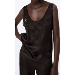 ZARA Limited Edition Chocolate Brown Embroidered Camisole Size S